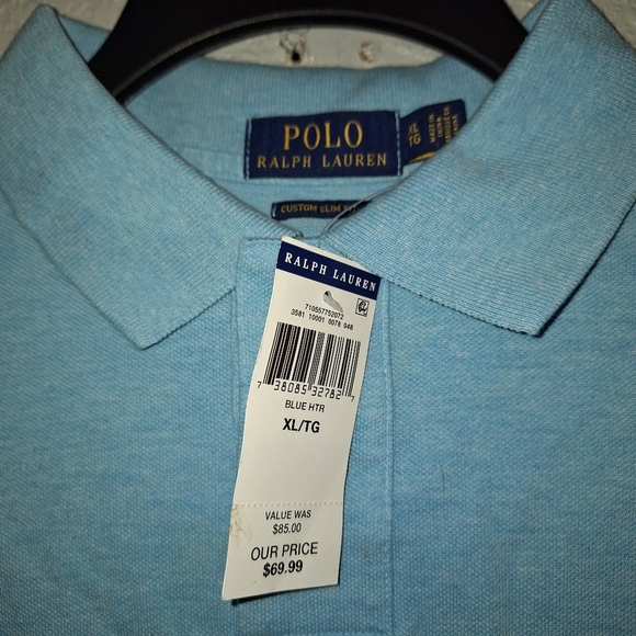 NWT Polo Ralph Lauren Heather Blue Short Sleeve Polo Shirt Yellow Pony XL Slim - Picture 4 of 5